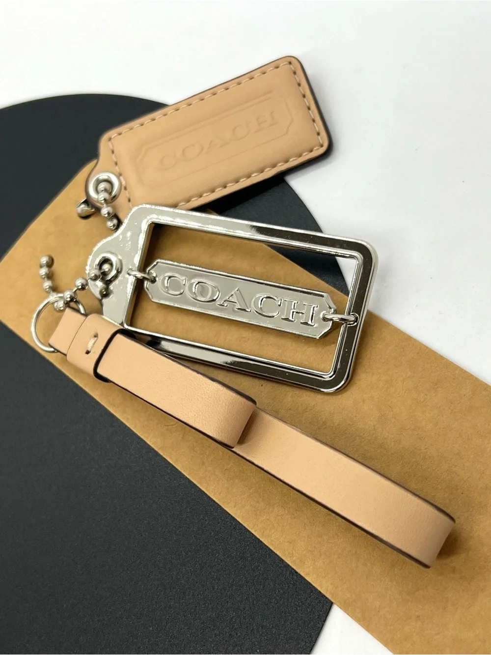 COACH Beige Leather Silver Logo 3 Piece Bag Charm Keychain Hang Tag Set